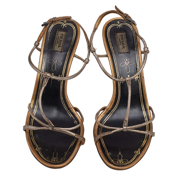 Pre Owned Prada Metallic Grey Leather Strappy Ankle Strap Sandals Size 36.5