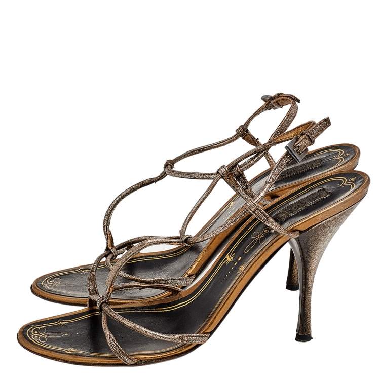 Pre Owned Prada Metallic Grey Leather Strappy Ankle Strap Sandals Size 36.5