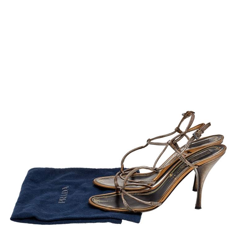 Pre Owned Prada Metallic Grey Leather Strappy Ankle Strap Sandals Size 36.5