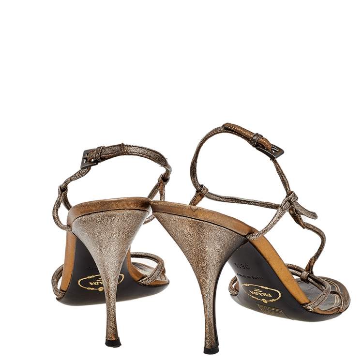 Pre Owned Prada Metallic Grey Leather Strappy Ankle Strap Sandals Size 36.5
