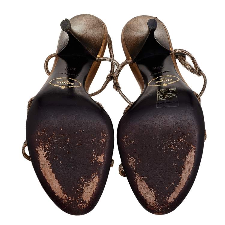 Pre Owned Prada Metallic Grey Leather Strappy Ankle Strap Sandals Size 36.5