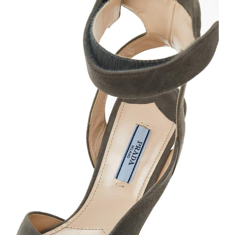 Pre Owned Prada Grey Suede Crystal Embellished Ankle Strap Sandals Size 38