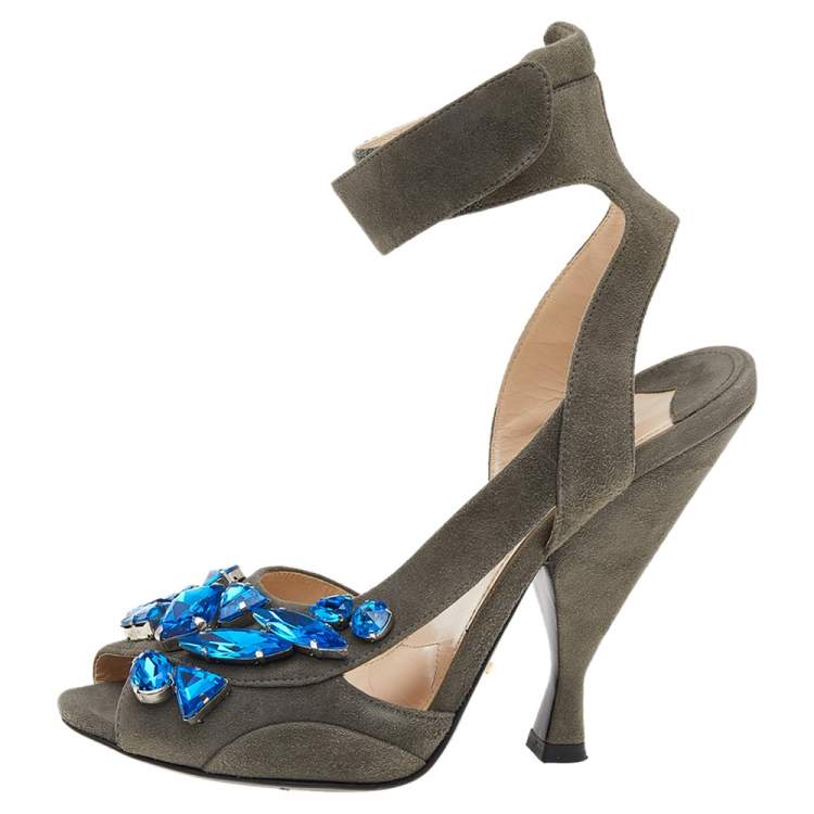 Pre Owned Prada Grey Suede Crystal Embellished Ankle Strap Sandals Size 38