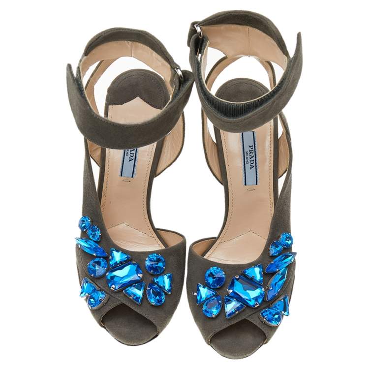 Pre Owned Prada Grey Suede Crystal Embellished Ankle Strap Sandals Size 38