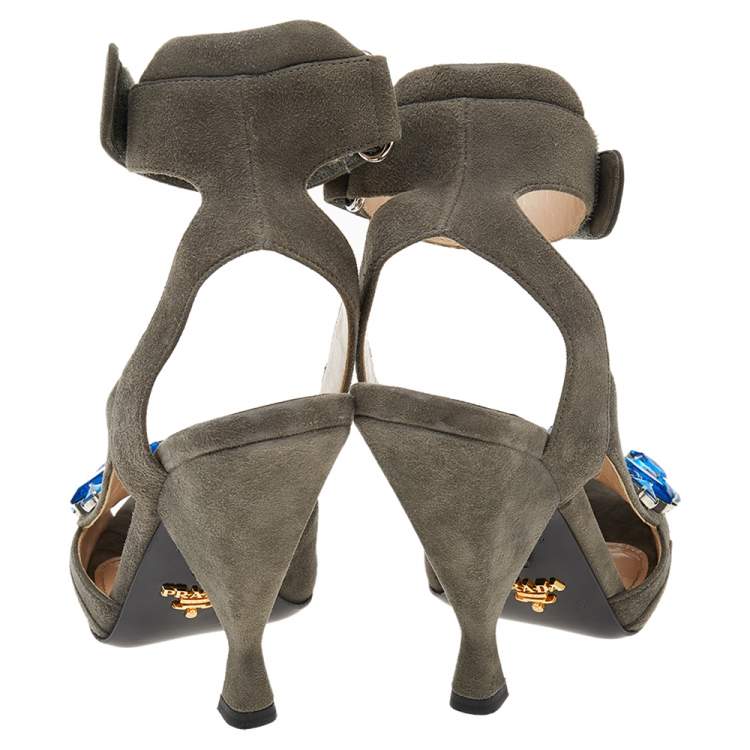 Pre Owned Prada Grey Suede Crystal Embellished Ankle Strap Sandals Size 38