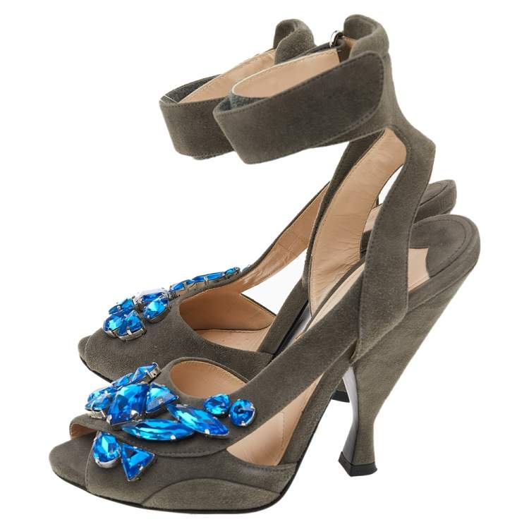 Pre Owned Prada Grey Suede Crystal Embellished Ankle Strap Sandals Size 38