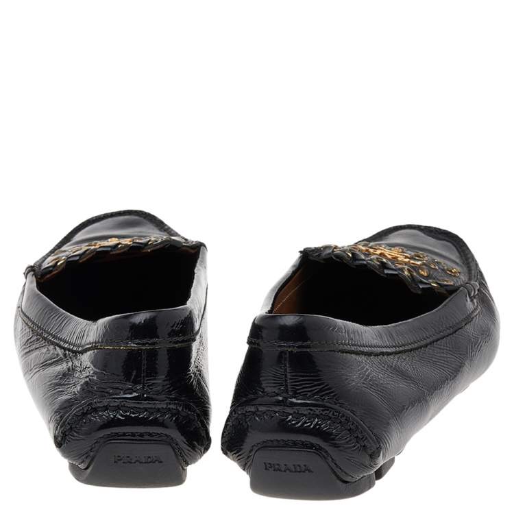 Pre Owned Prada Black Patent Leather Studded Slip On Loafers Size 36