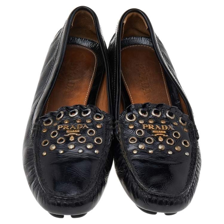 Pre Owned Prada Black Patent Leather Studded Slip On Loafers Size 36
