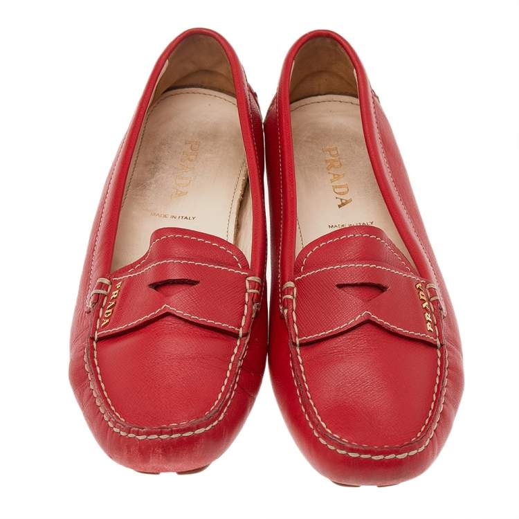 Pre Owned Prada Red Leather Slip on Loafers Size 37.5