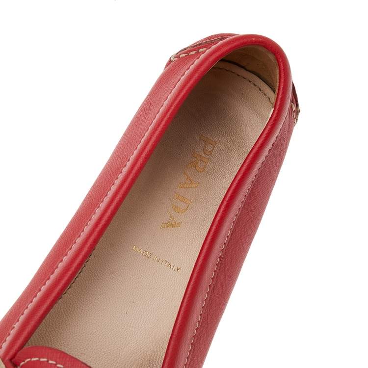 Pre Owned Prada Red Leather Slip on Loafers Size 37.5