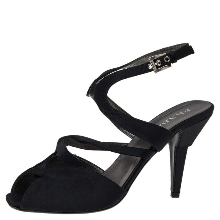 Pre Owned Prada Black Satin Slingback Sandals Size 37.5