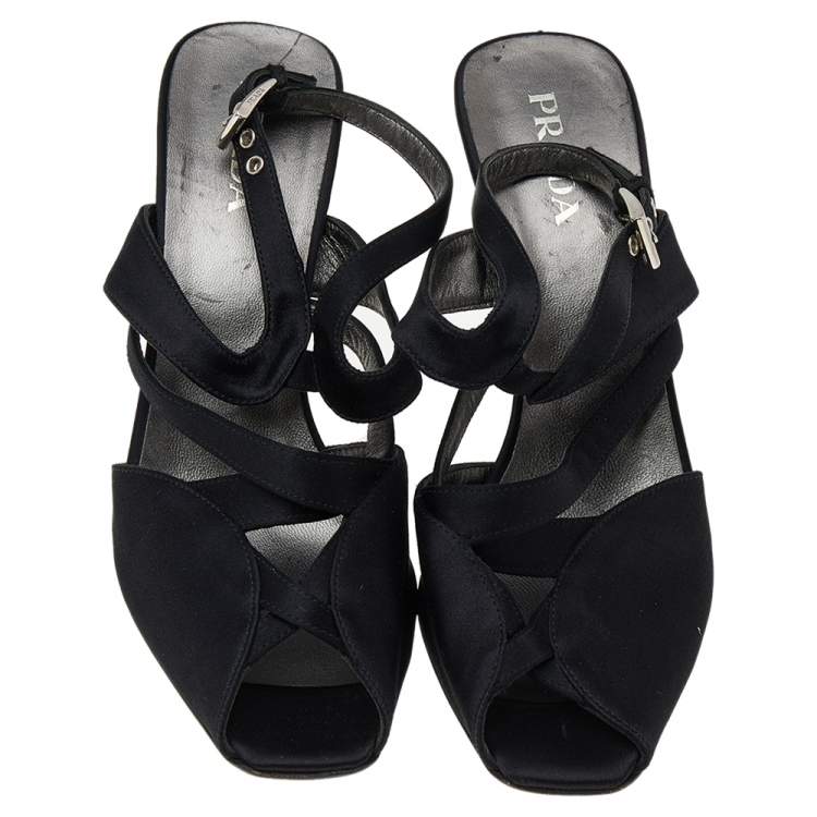 Pre Owned Prada Black Satin Slingback Sandals Size 37.5