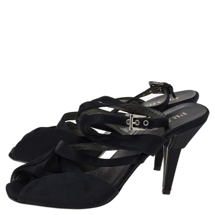 Pre Owned Prada Black Satin Slingback Sandals Size 37.5