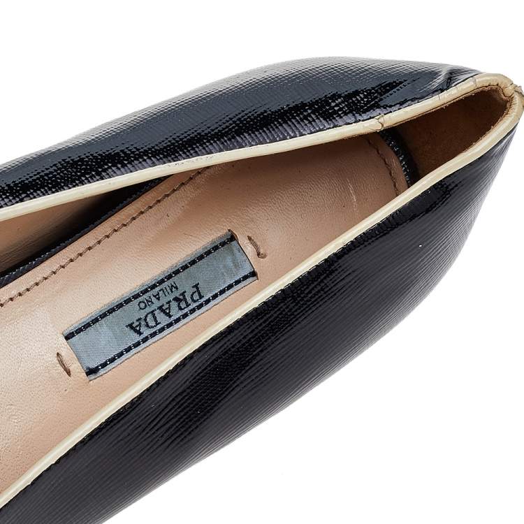Pre Owned Prada Black/Beige Patent Saffiano Leather Smoking Slippers Size 40.5