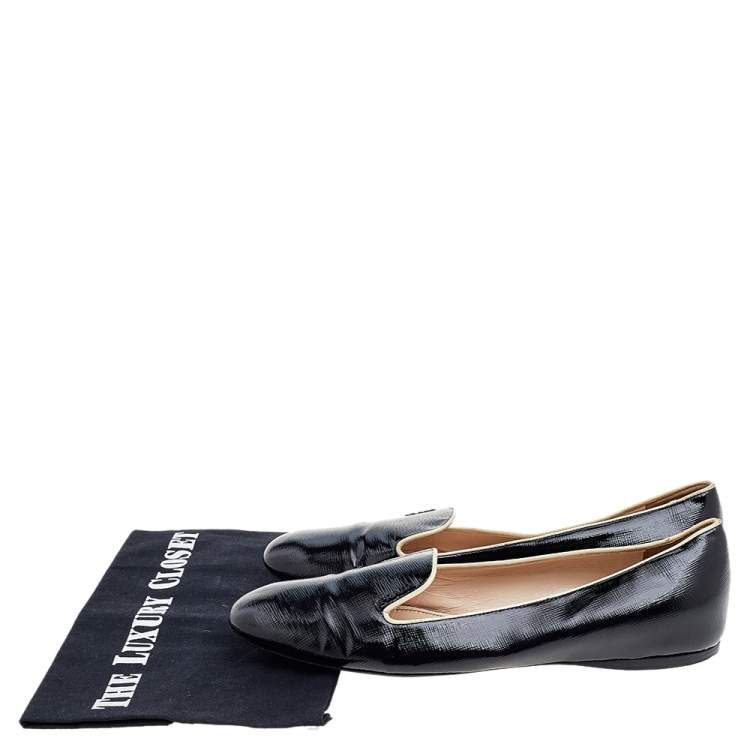 Pre Owned Prada Black/Beige Patent Saffiano Leather Smoking Slippers Size 40.5