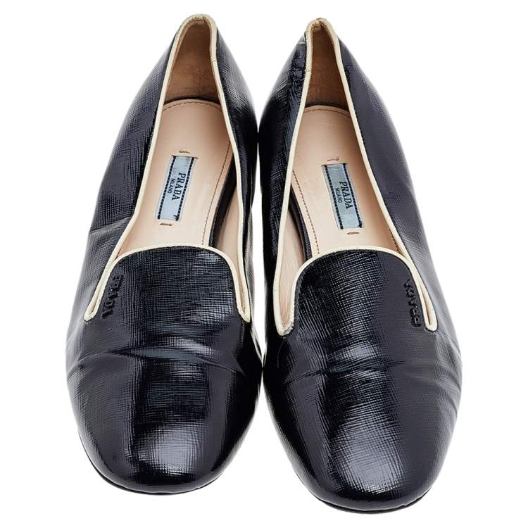 Pre Owned Prada Black/Beige Patent Saffiano Leather Smoking Slippers Size 40.5