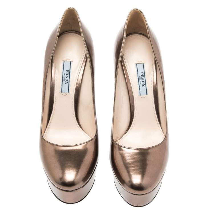 Pre Owned Prada Metallic Bronze Leather Platform Pumps Size 38.5