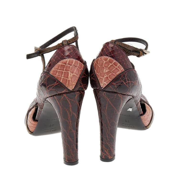 مملوكة مسبقًا Prada Multicolor Python Leather And Embossed Leather Ankle Strap Sandals Size 38