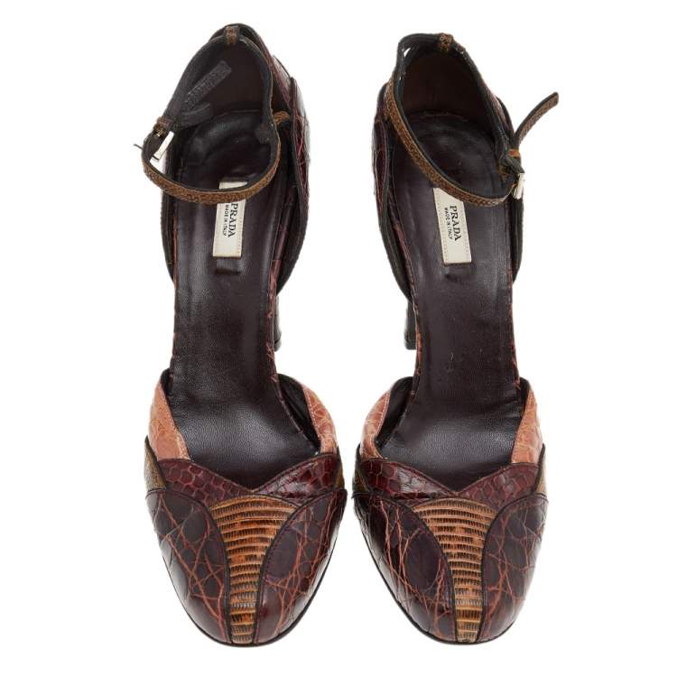 مملوكة مسبقًا Prada Multicolor Python Leather And Embossed Leather Ankle Strap Sandals Size 38