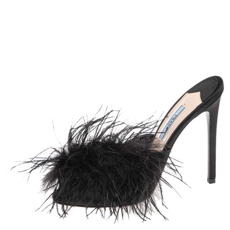 Prada Black Satin And Feather Slide Sandals Size 38 Prada | TLC