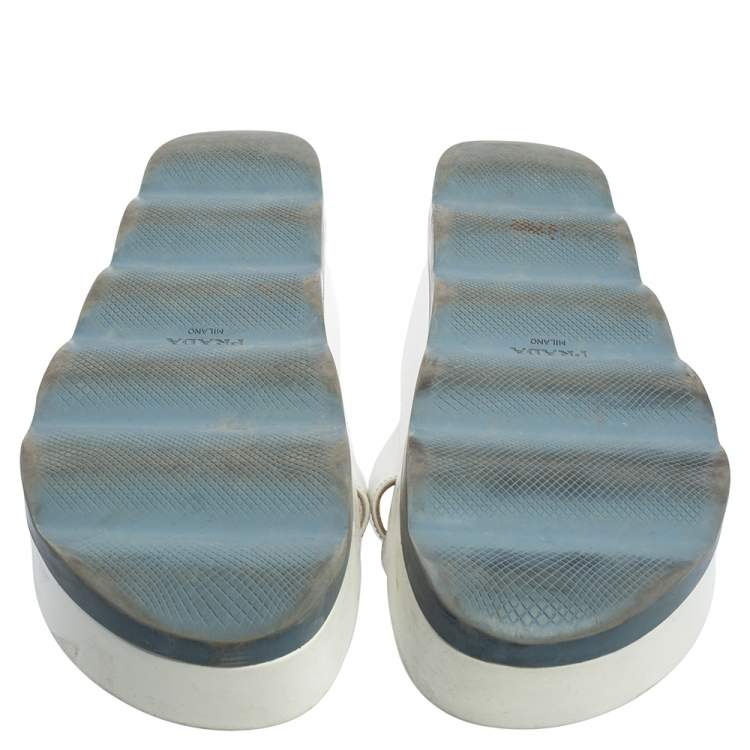 Pre Owned Prada White Leather Criss Cross Platform Slide Sandals Size 40