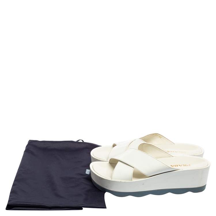 Pre Owned Prada White Leather Criss Cross Platform Slide Sandals Size 40