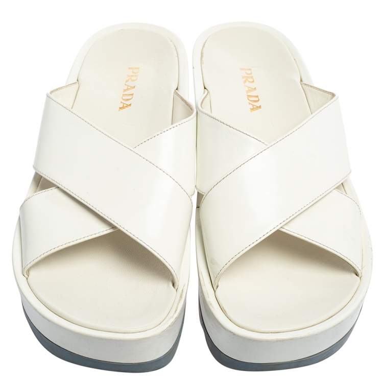 Pre Owned Prada White Leather Criss Cross Platform Slide Sandals Size 40