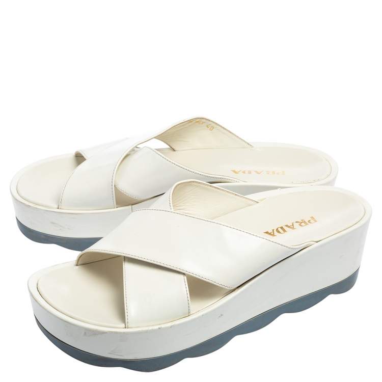 Pre Owned Prada White Leather Criss Cross Platform Slide Sandals Size 40