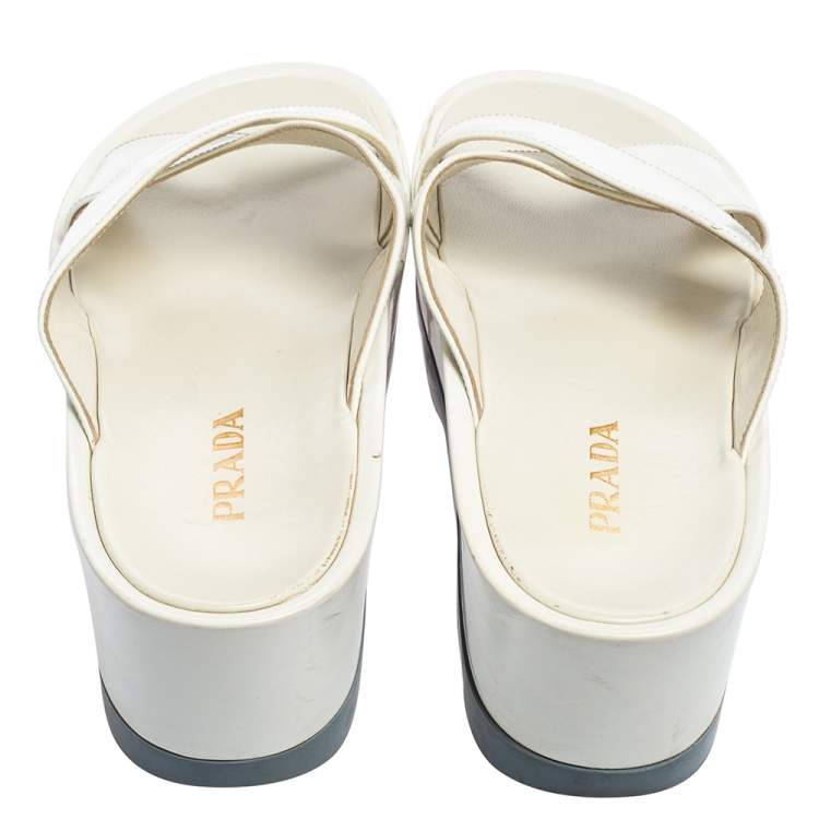 Pre Owned Prada White Leather Criss Cross Platform Slide Sandals Size 40