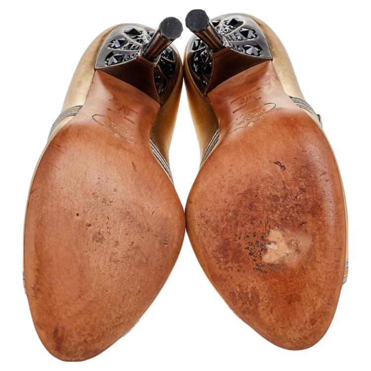 Pre Owned Prada Gold/Grey Leather Peep Toe Pumps Size 37