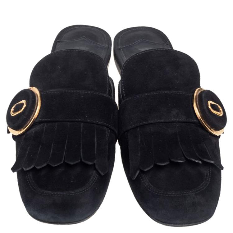 Pre Owned Prada Black Suede Kiltie Fringed Flat Mules Size 40