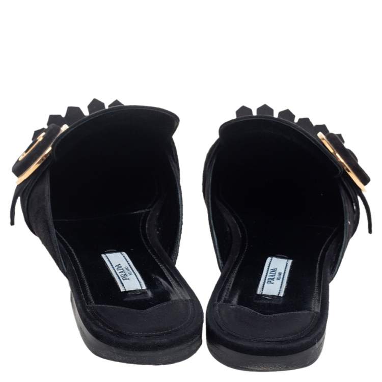 Pre Owned Prada Black Suede Kiltie Fringed Flat Mules Size 40