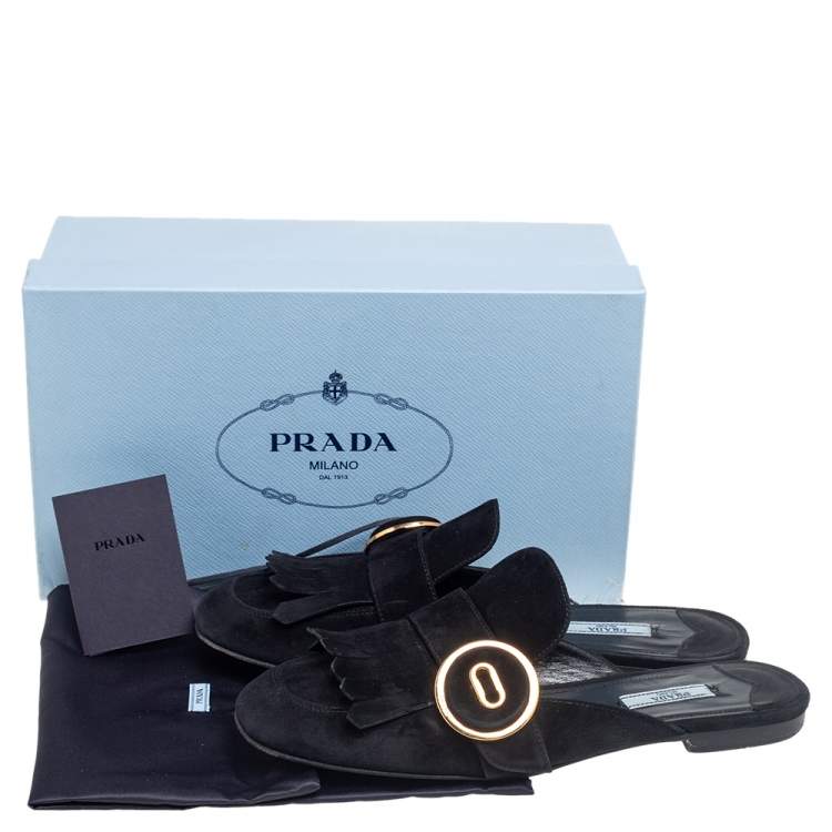 Pre Owned Prada Black Suede Kiltie Fringed Flat Mules Size 40