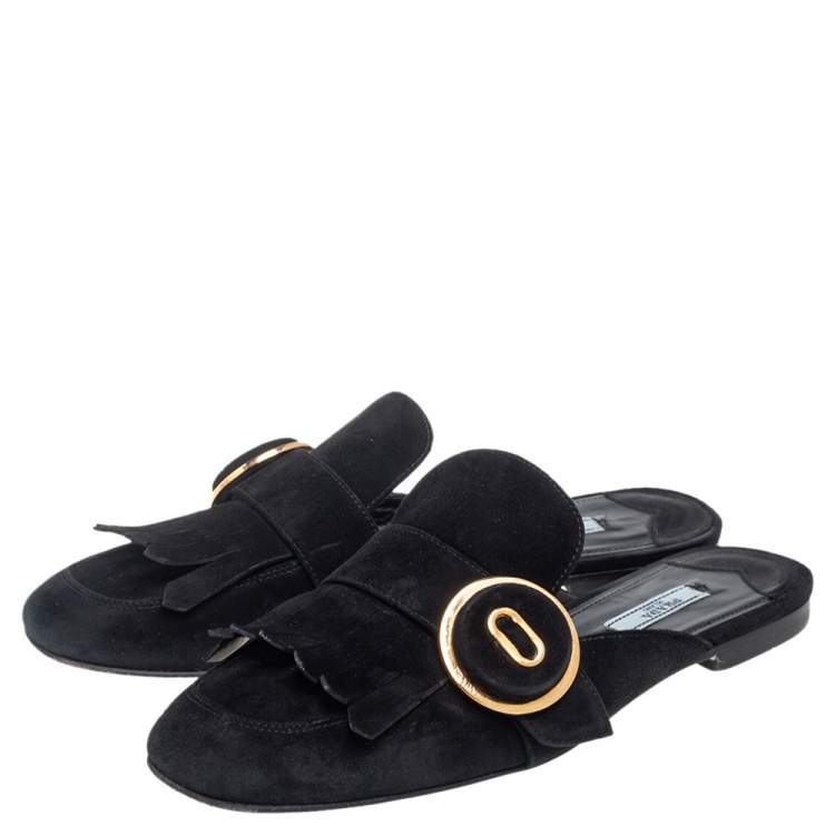 Pre Owned Prada Black Suede Kiltie Fringed Flat Mules Size 40
