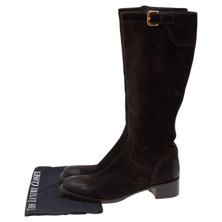 Pre Owned Prada Dark Brown Suede Block Heel Knee Length Boots Size 38