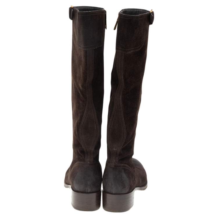 Pre Owned Prada Dark Brown Suede Block Heel Knee Length Boots Size 38