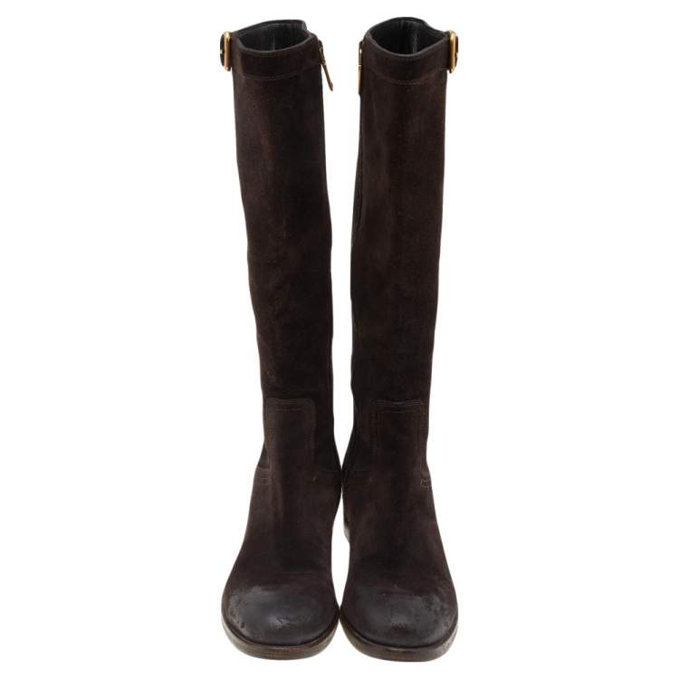 Pre Owned Prada Dark Brown Suede Block Heel Knee Length Boots Size 38