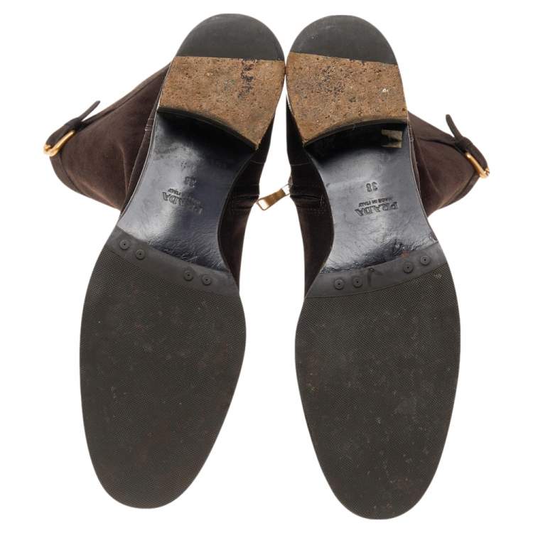 Pre Owned Prada Dark Brown Suede Block Heel Knee Length Boots Size 38