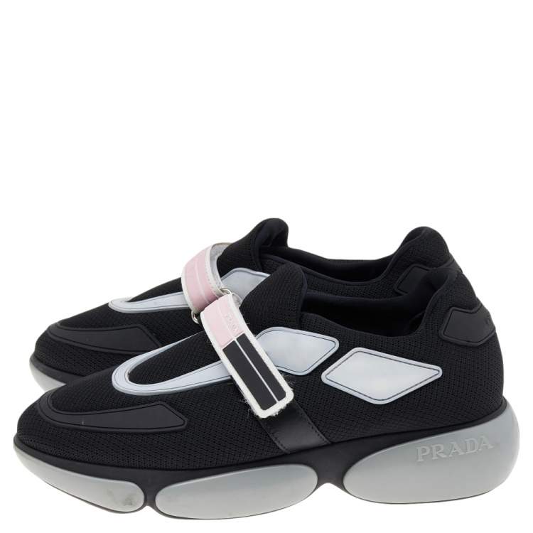 Pre Owned Prada Black Mesh And Rubber Cloudbust Velcro Strap Low Top Sneakers Size 36