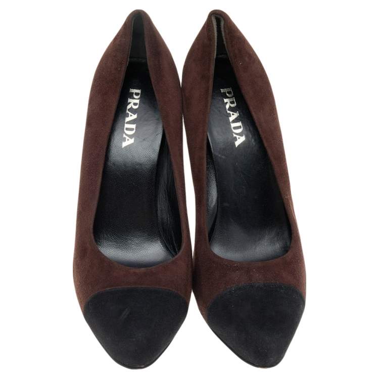 Pre Owned Prada Brown/Black Suede Cap Toe Platform Pumps Size 36.5