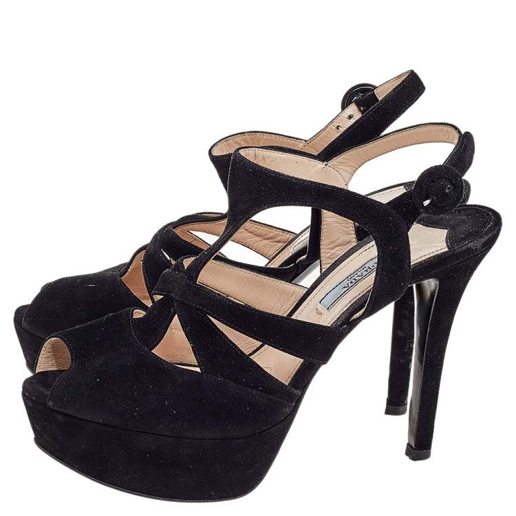 Pre Owned Prada Black Suede Peep Toe Slingback Platform Sandals Size 37.5