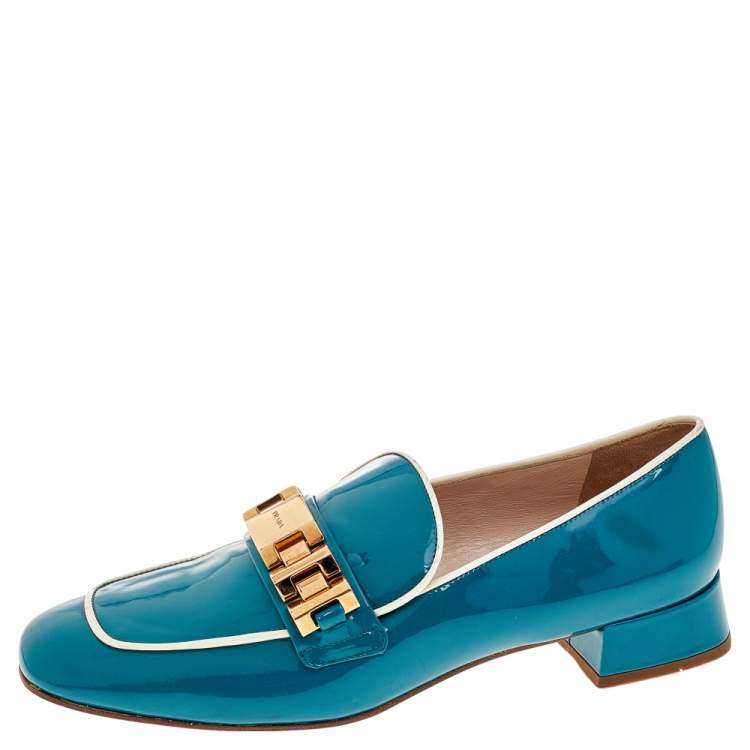 Pre Owned Prada Blue Patent Leather Embellished Slip On Loafers Size 39