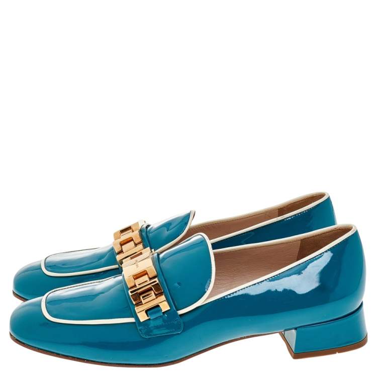 Pre Owned Prada Blue Patent Leather Embellished Slip On Loafers Size 39