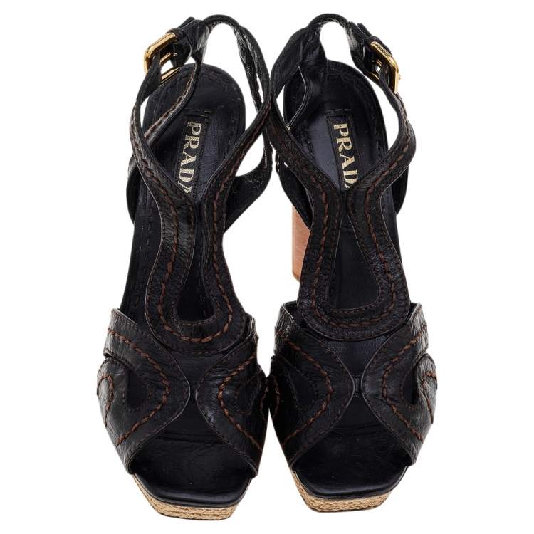 Pre Owned Prada Brown Leather Espadrille Platform Wooden Heel Ankle Sandals Size 40