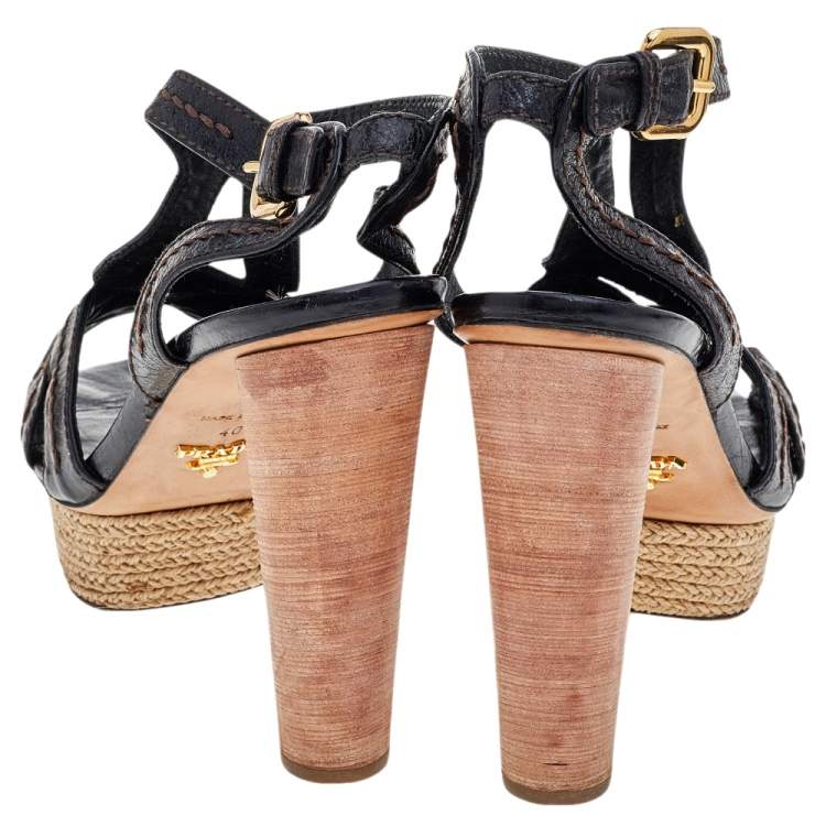 Pre Owned Prada Brown Leather Espadrille Platform Wooden Heel Ankle Sandals Size 40