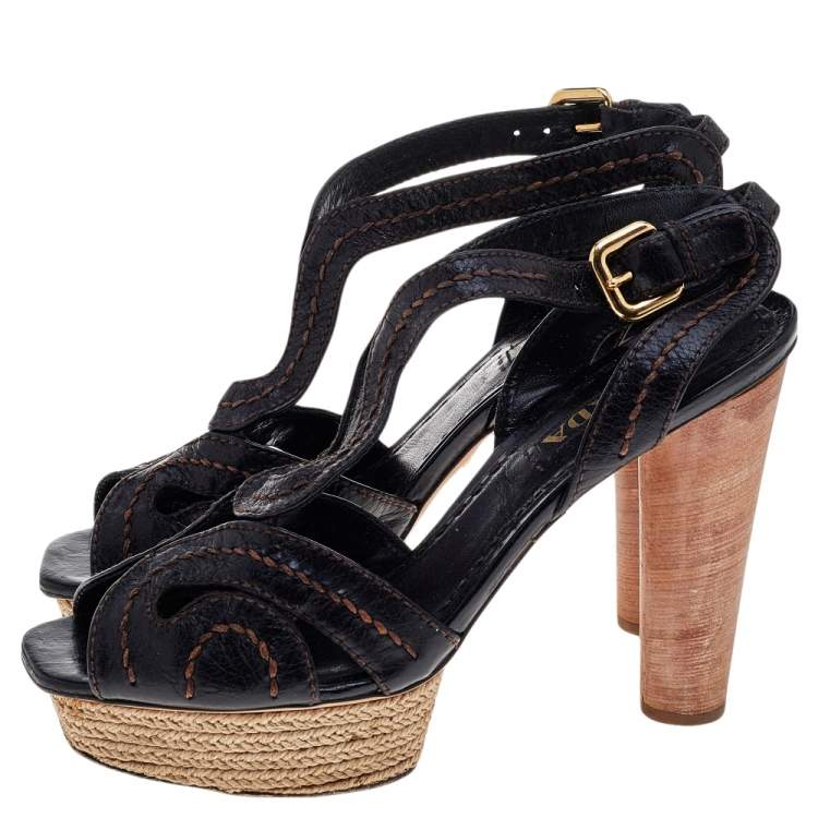 Pre Owned Prada Brown Leather Espadrille Platform Wooden Heel Ankle Sandals Size 40