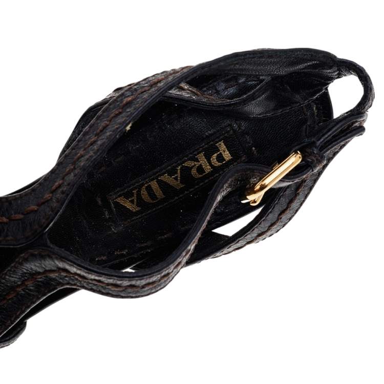 Pre Owned Prada Brown Leather Espadrille Platform Wooden Heel Ankle Sandals Size 40