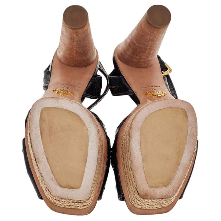 Pre Owned Prada Brown Leather Espadrille Platform Wooden Heel Ankle Sandals Size 40