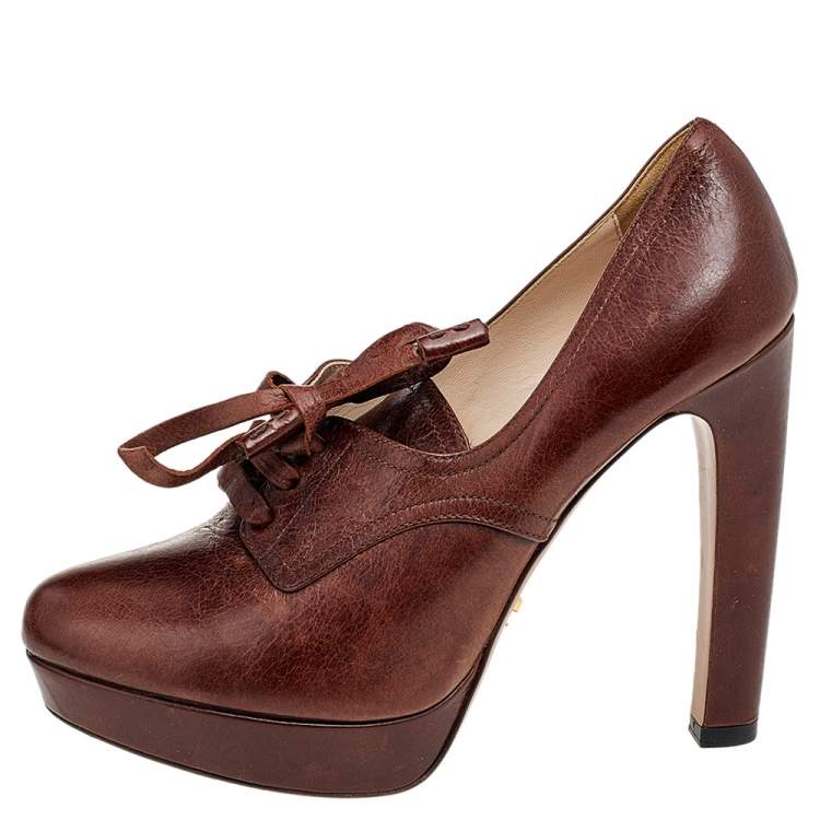 Pre Owned Prada Brown Leather Lace Up Booties Size 38