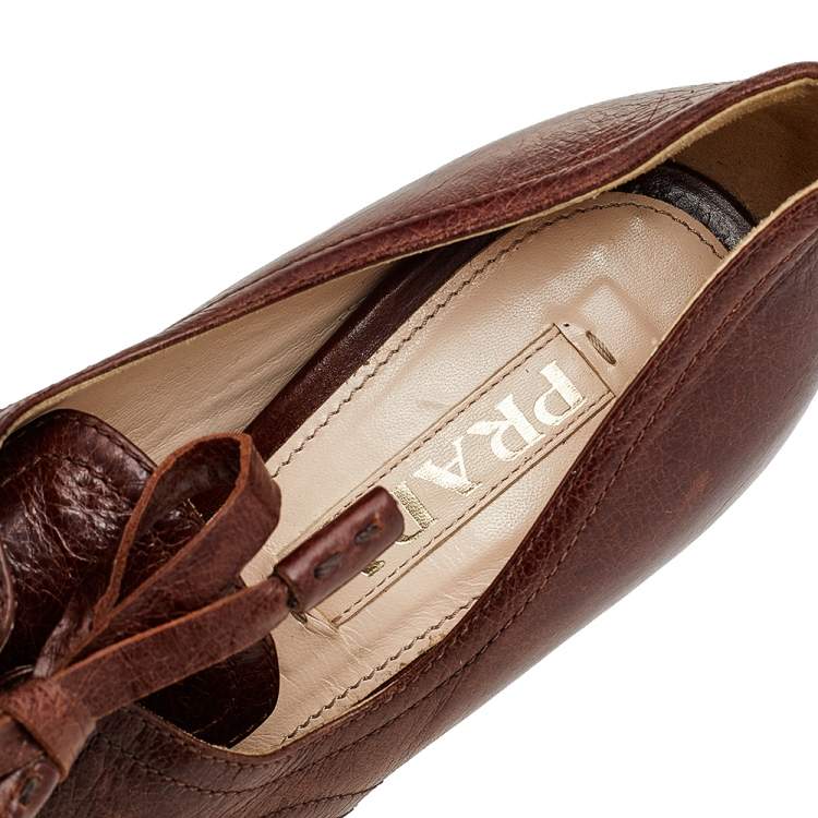 Pre Owned Prada Brown Leather Lace Up Booties Size 38